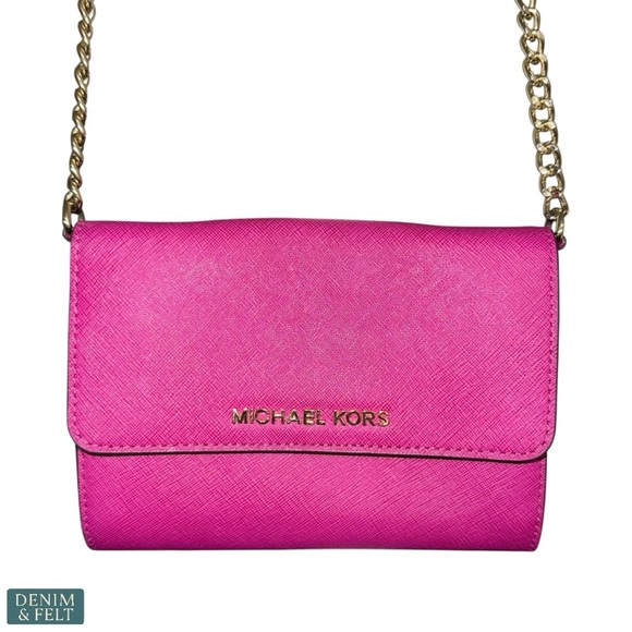 Michael Kors Fuchsia/Rasberry/Gold Saffiano Leather Chain Link Crossbody Bag - Picture 14 of 15